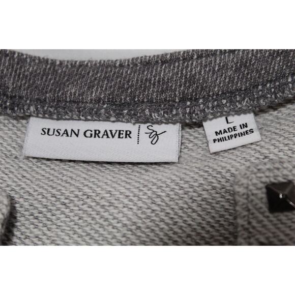 Susan Graver Women's L Gray Knit Top Sweetheart Studded Neck Rolled 3/4 Sleeve - Picture 6 of 12